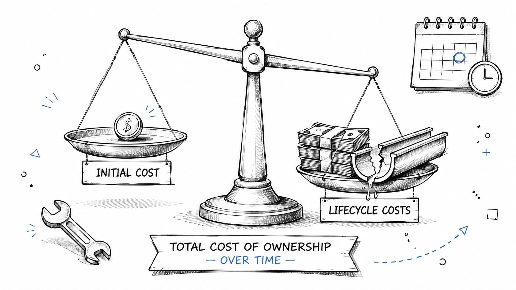 A hand-drawn illustration showing a balance scale weighing initial cost against long-term lifecycle costs for maintenance.
