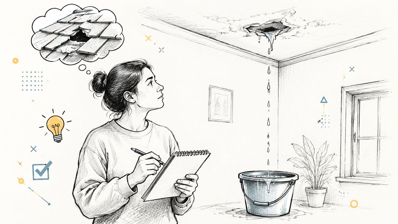 A woman sketching in a notebook while observing water leaking from a damaged ceiling into a bucket.