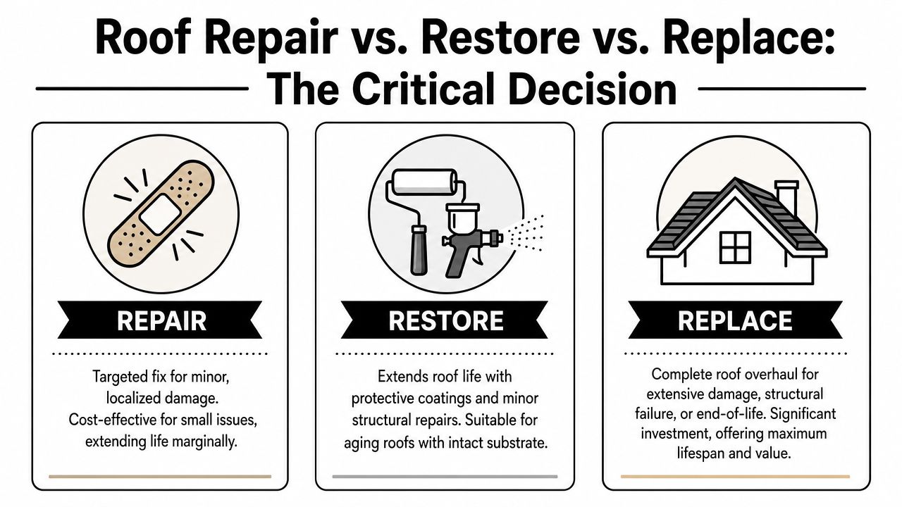 A comparison chart showing the differences between roof repair, restoration, and total roof replacement options.