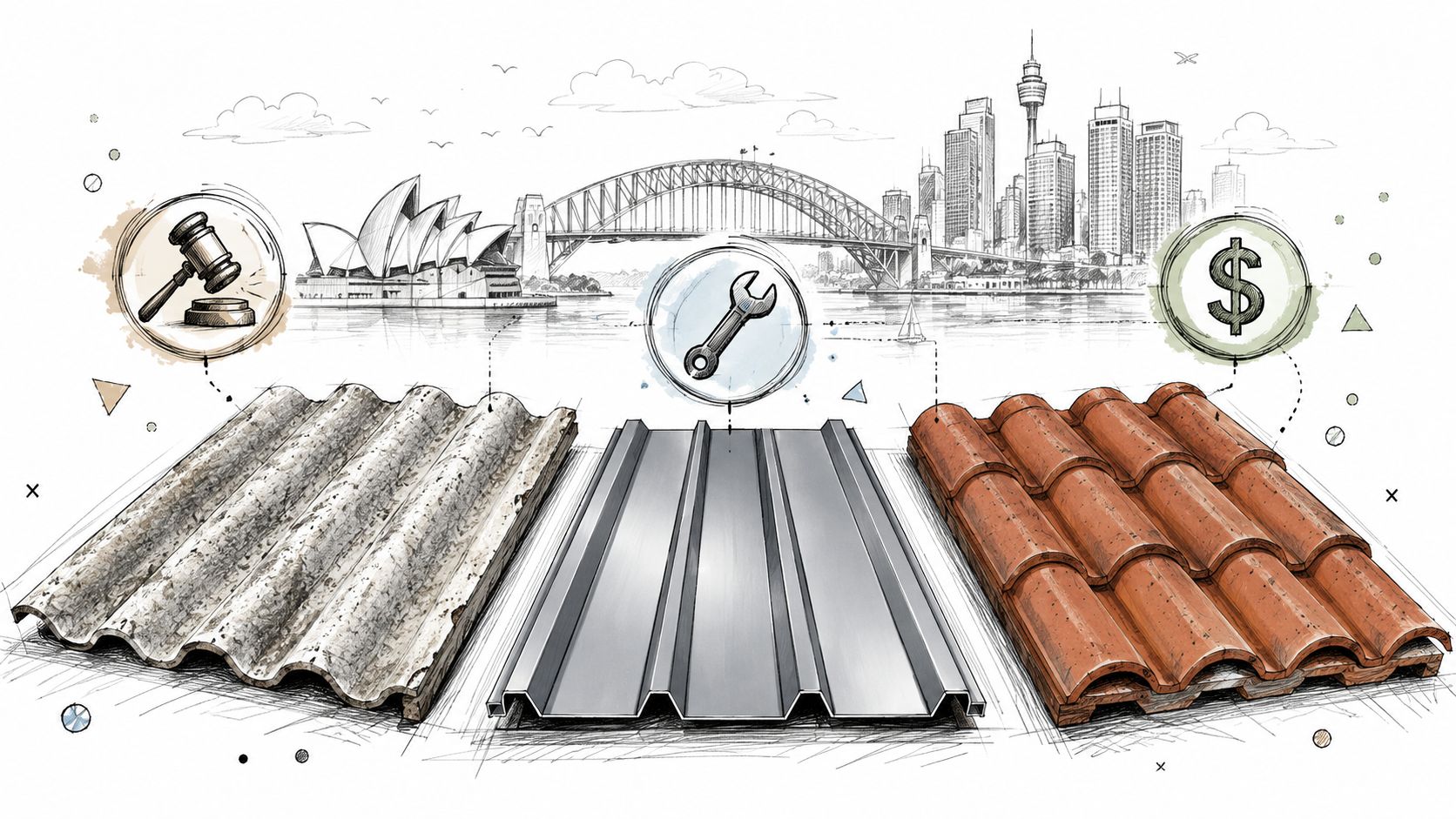 An artistic sketch showing three different types of roofing materials against a Sydney skyline background.