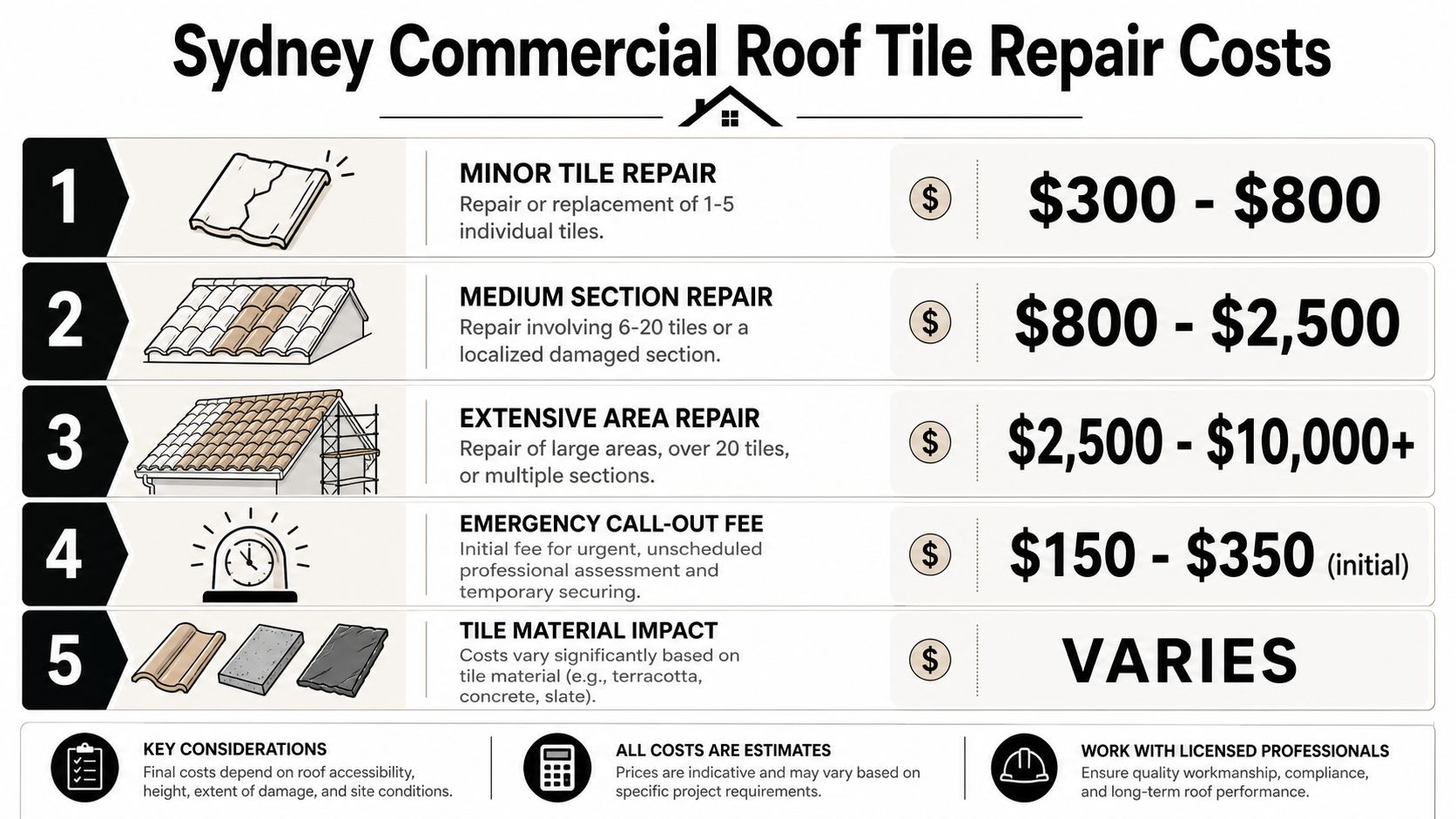 A price list infographic detailing the estimated costs for commercial roof tile repairs in Sydney, Australia.