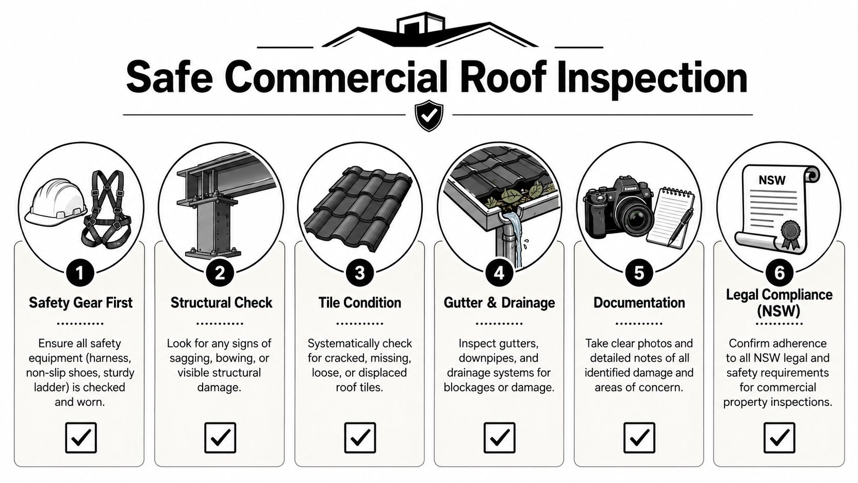 A step-by-step infographic illustrating the six essential safety and inspection procedures for commercial roof maintenance.