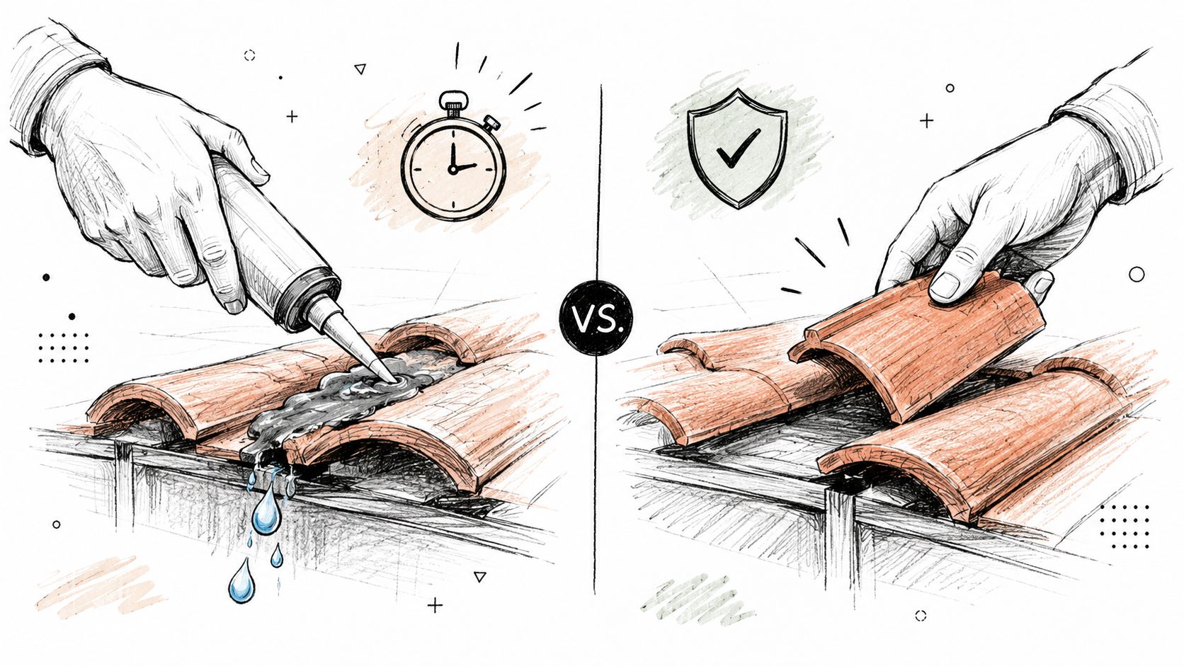 A comparison illustration showing a quick sealant fix leaking water versus a permanent roof tile replacement.