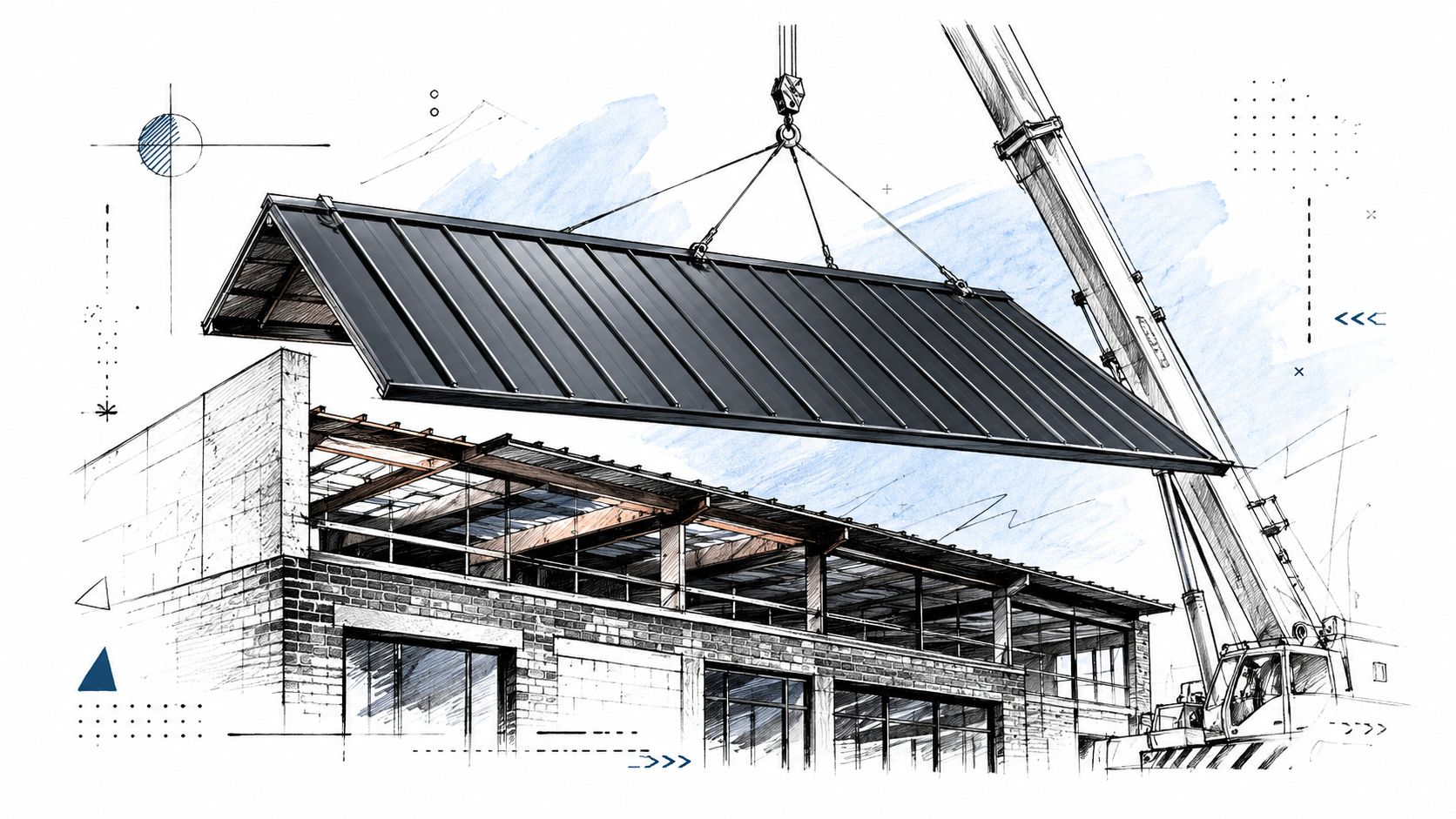 A crane lifting a new metal roof section onto a partially constructed building for replacement.
