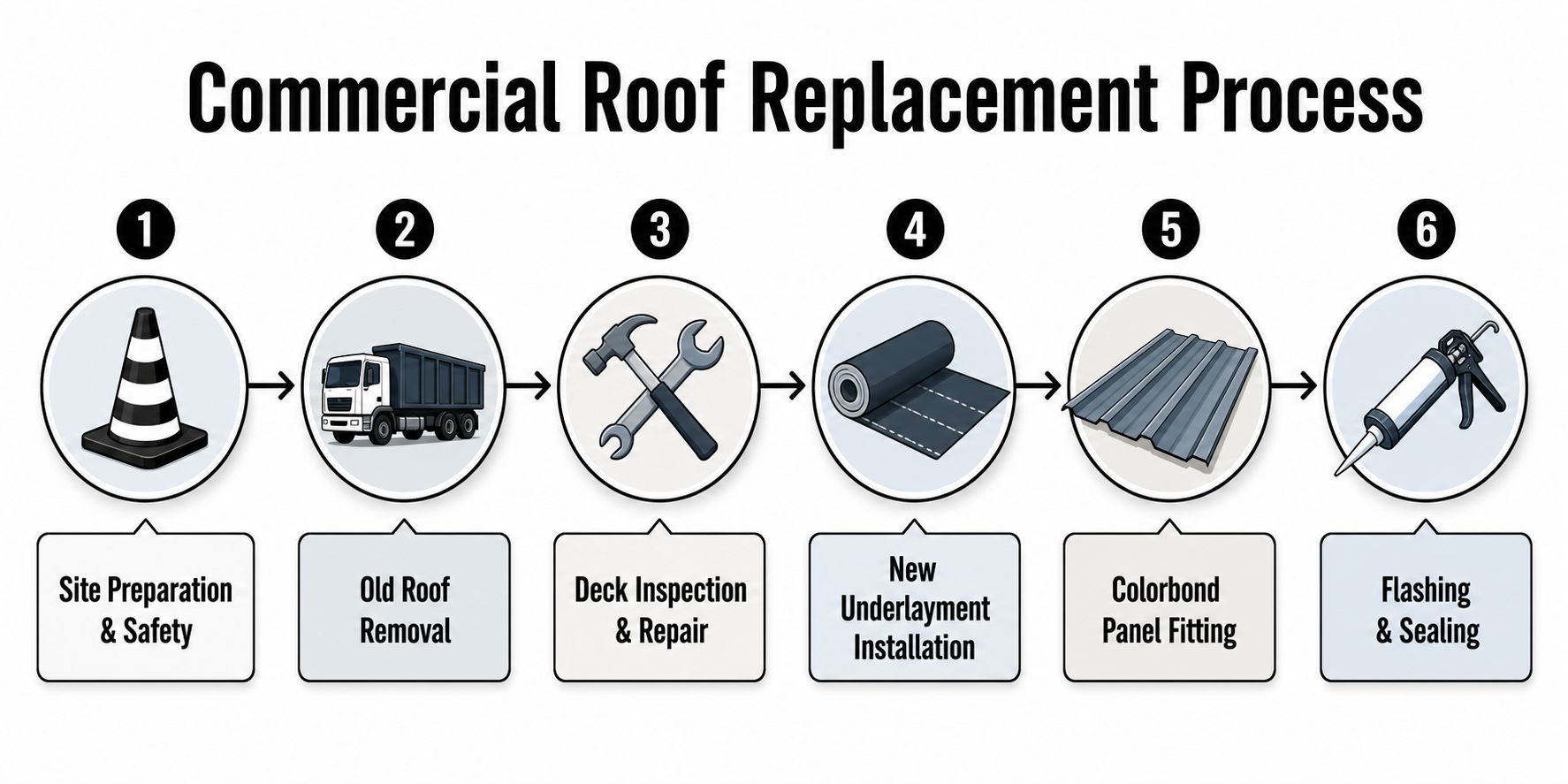 A six-step infographic illustrating the commercial roof replacement process using Colorbond metal panels and sealing materials.