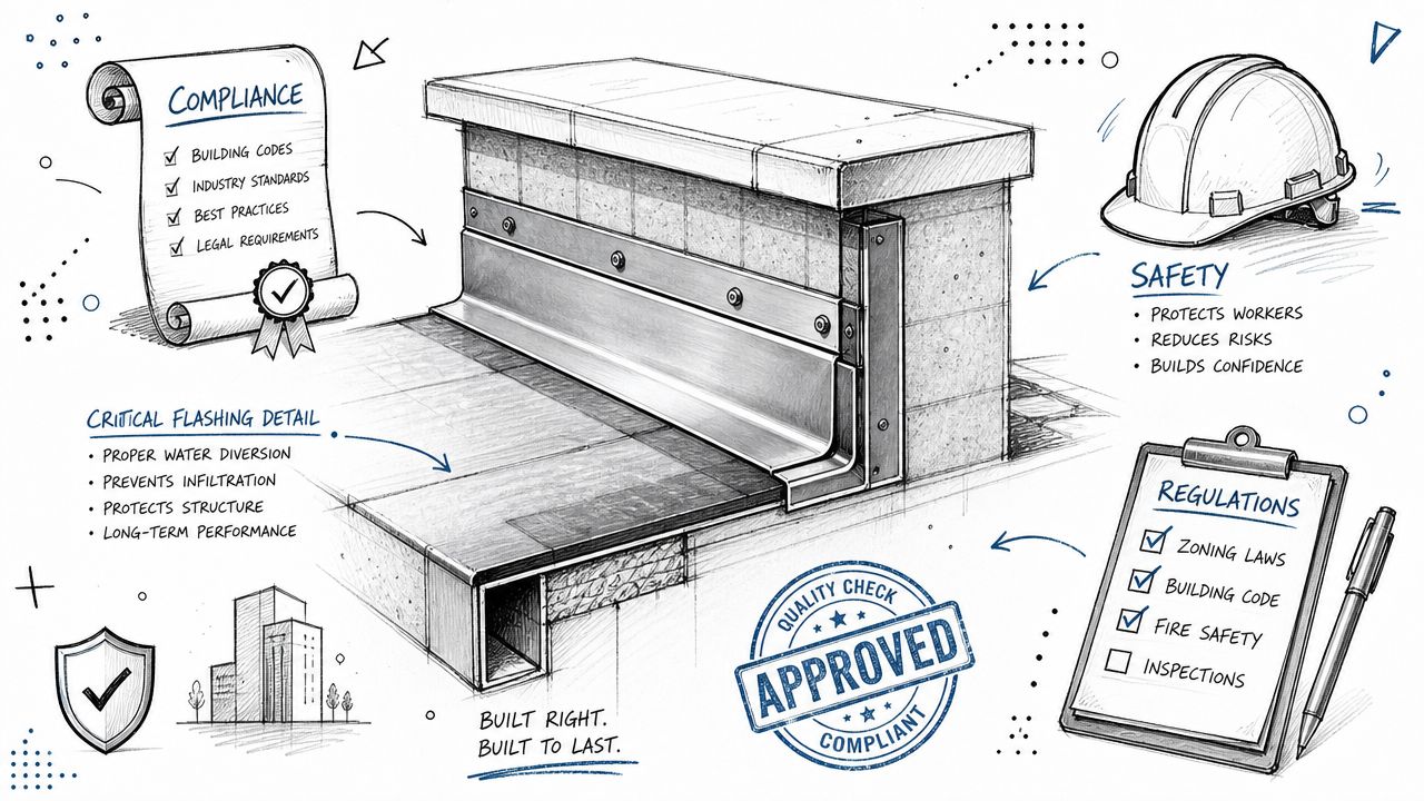 A detailed technical drawing illustrating roof flashing installation on a building structure with safety and compliance notes.