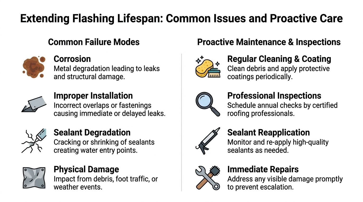 An infographic detailing common roof flashing failure modes and recommended proactive maintenance and inspection steps.