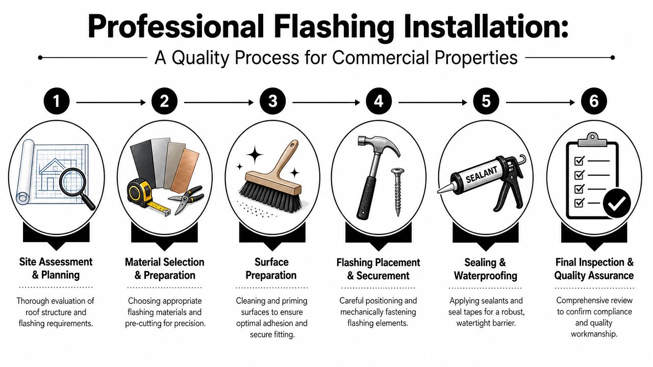 A six-step infographic detailing the professional process for commercial roof flashing installation and quality assurance.
