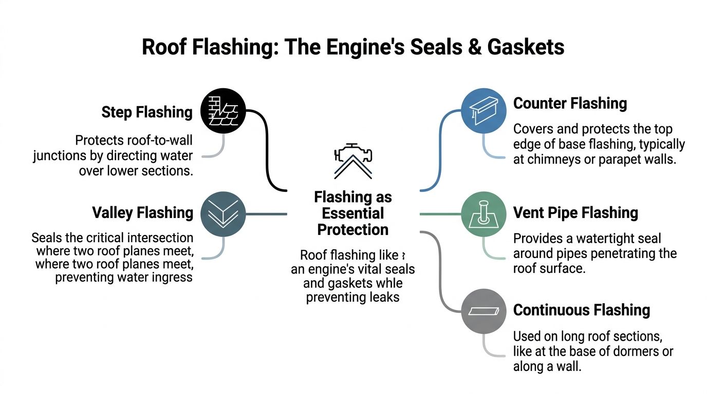 An infographic showing the different types of roof flashing and their functions for preventing water leaks.