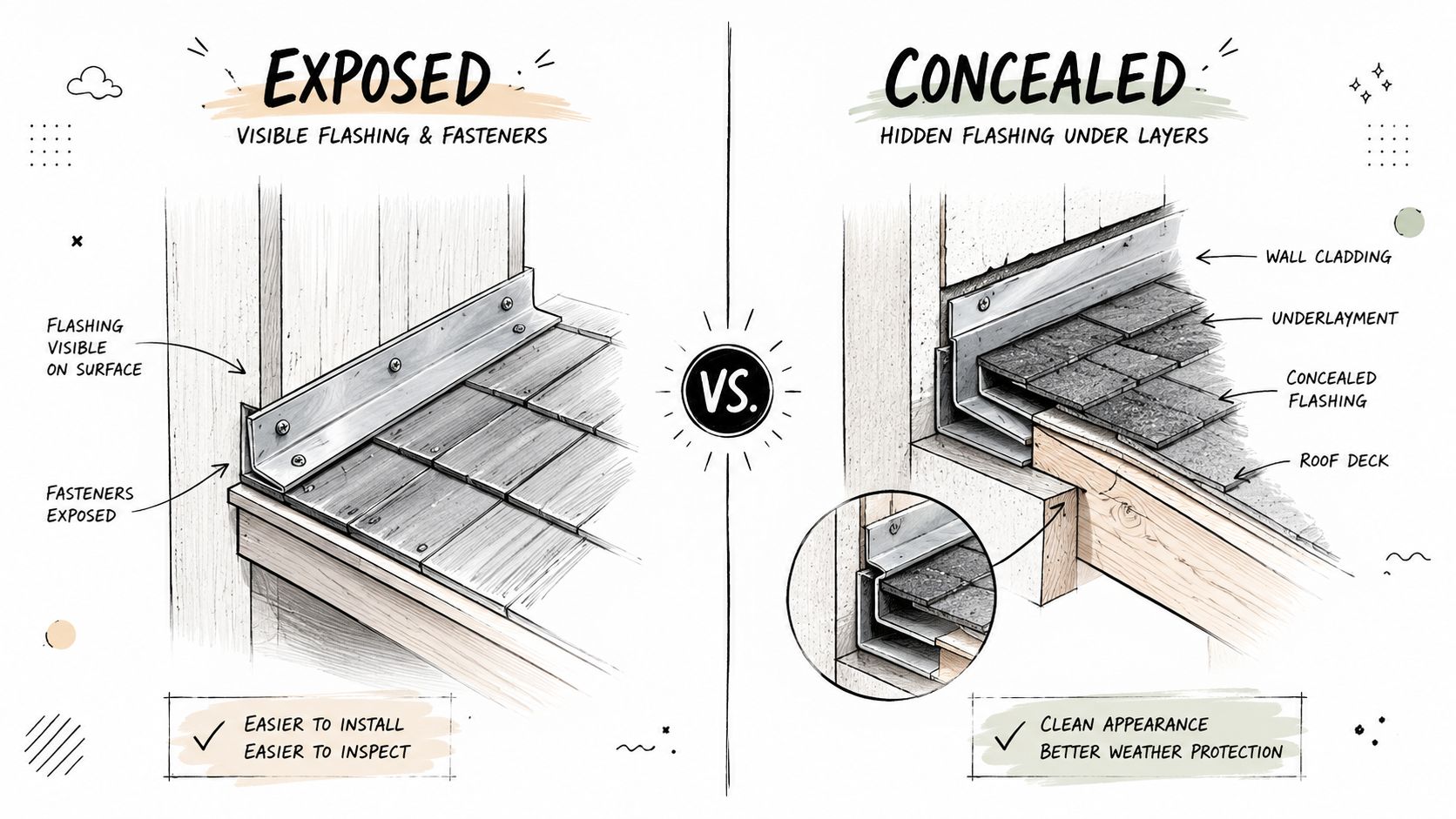 A comparative illustration showing the differences between exposed flashing and concealed flashing for roof construction details.