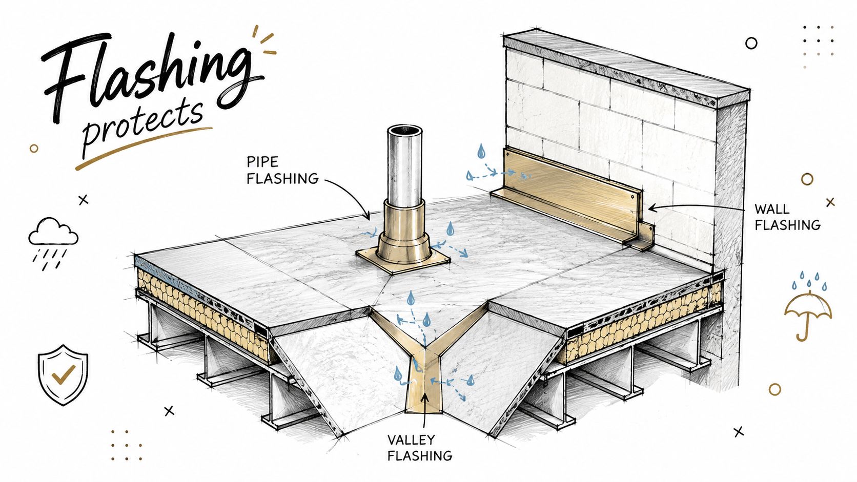 A diagram illustrating different types of roof flashing: pipe, wall, and valley flashing on a building structure.