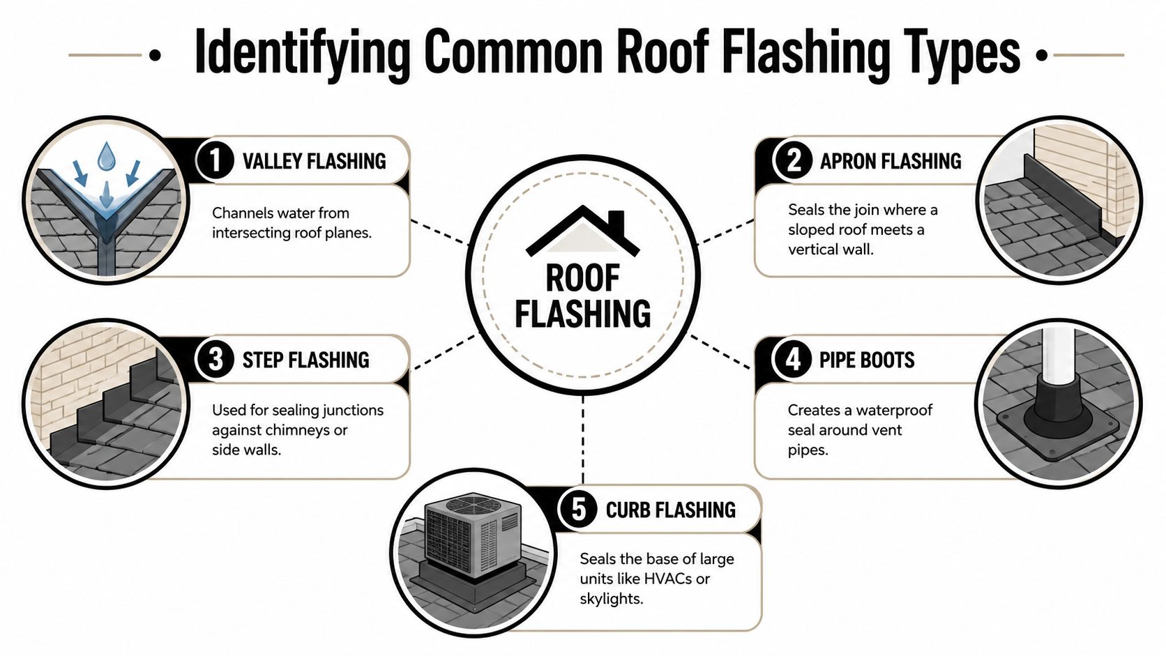 An infographic illustrating five common types of roof flashing, including their purpose and visual examples.