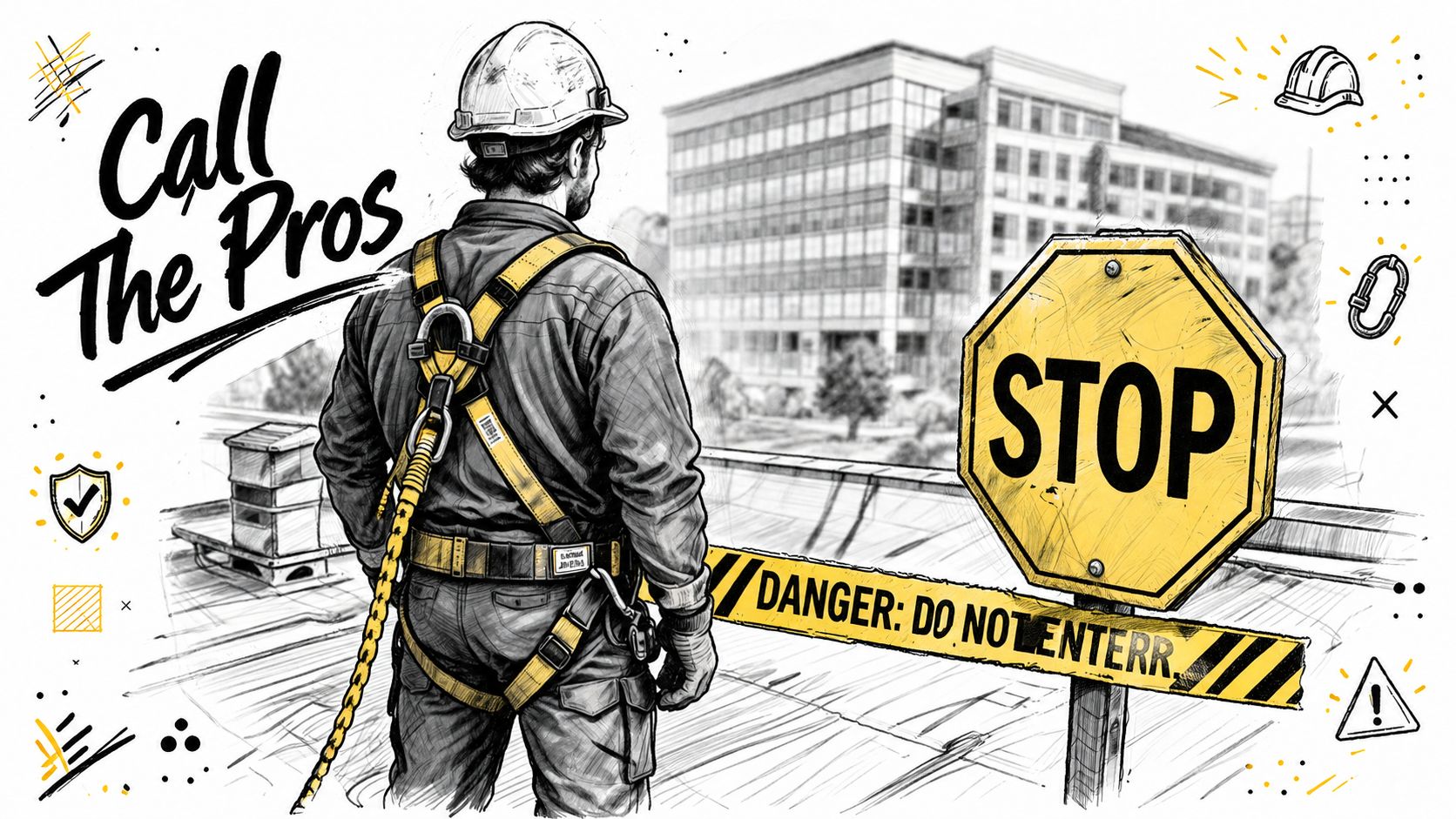 A construction worker in a safety harness stands on a roof next to a yellow danger stop sign.