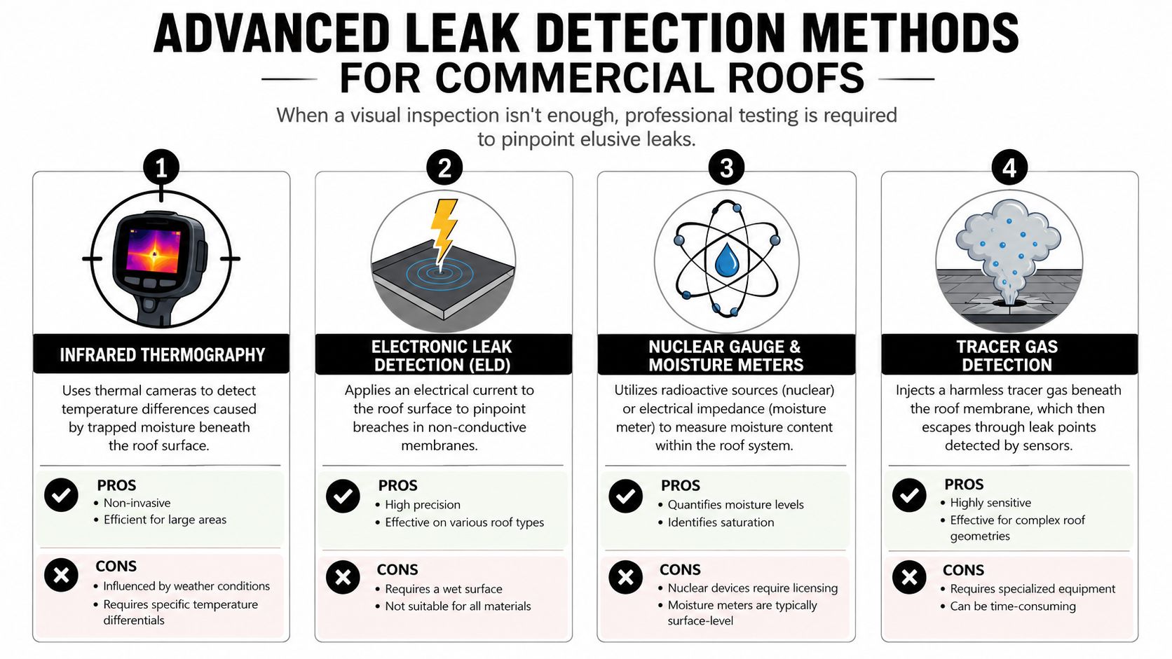 A professional infographic comparing four advanced commercial roof leak detection methods: infrared, electronic, nuclear gauge, and tracer gas.