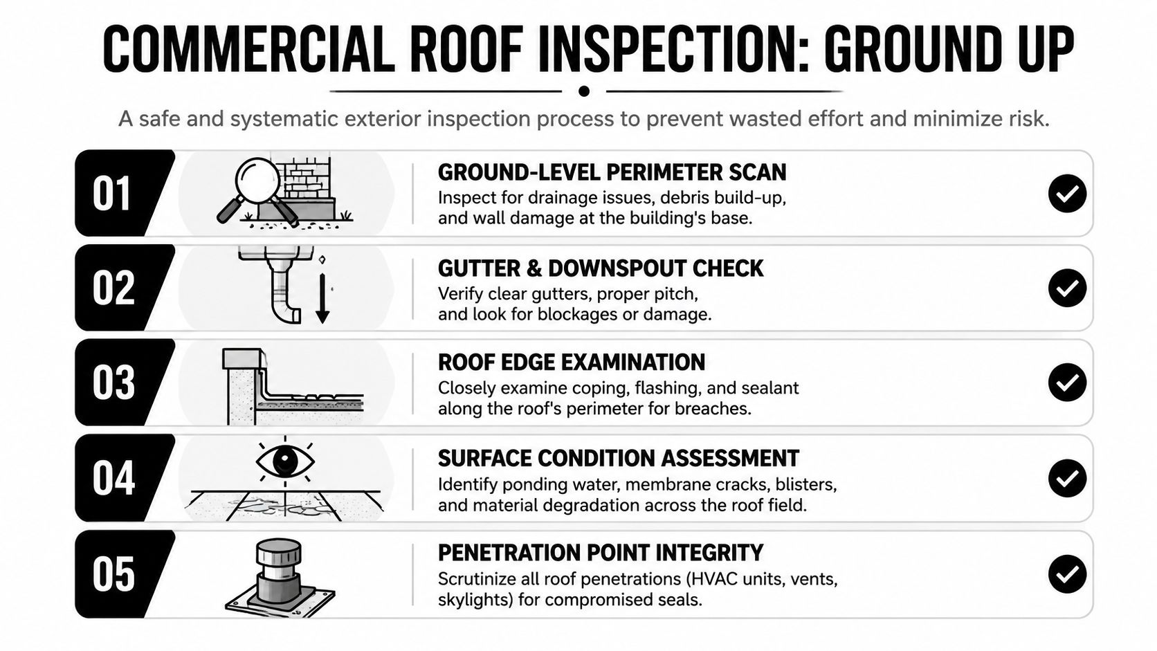 A five-step checklist for a systematic commercial roof inspection, from ground-level perimeter to roof penetration integrity.