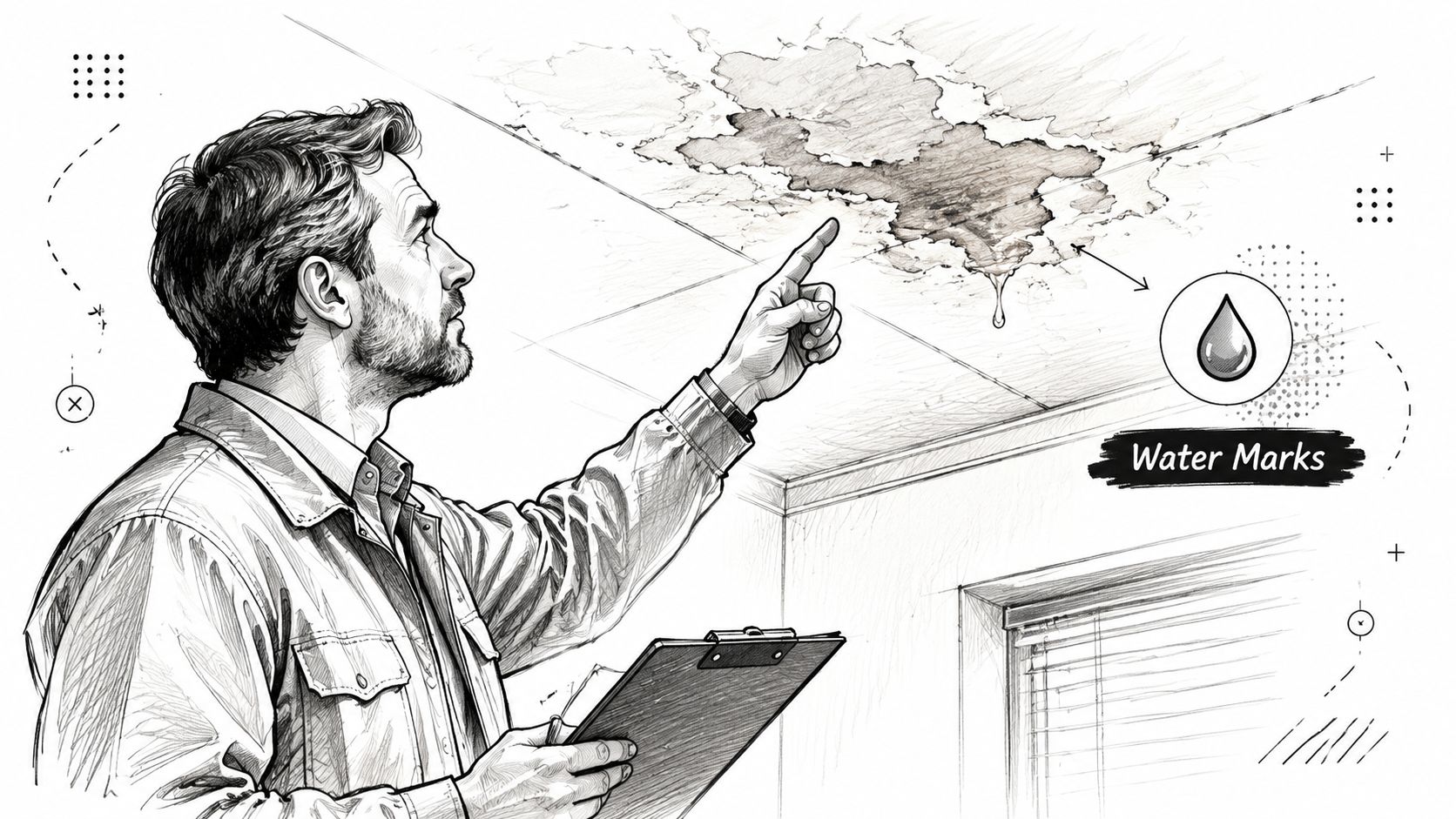 A professional inspector pointing at a large water stain damage on a ceiling while holding a clipboard.