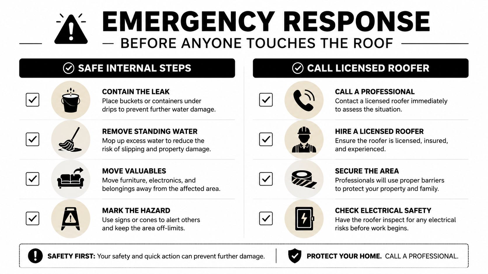 An infographic showing emergency response steps for managing a roof leak safely before professional repairs begin.