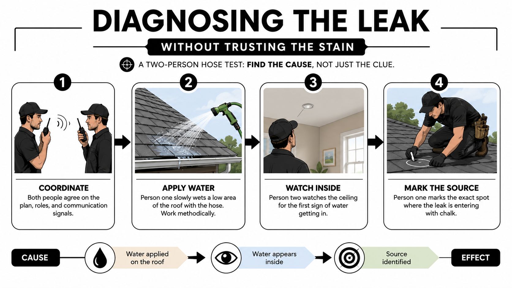 A four-step guide illustrating how two people can use a garden hose to identify roof leaks.