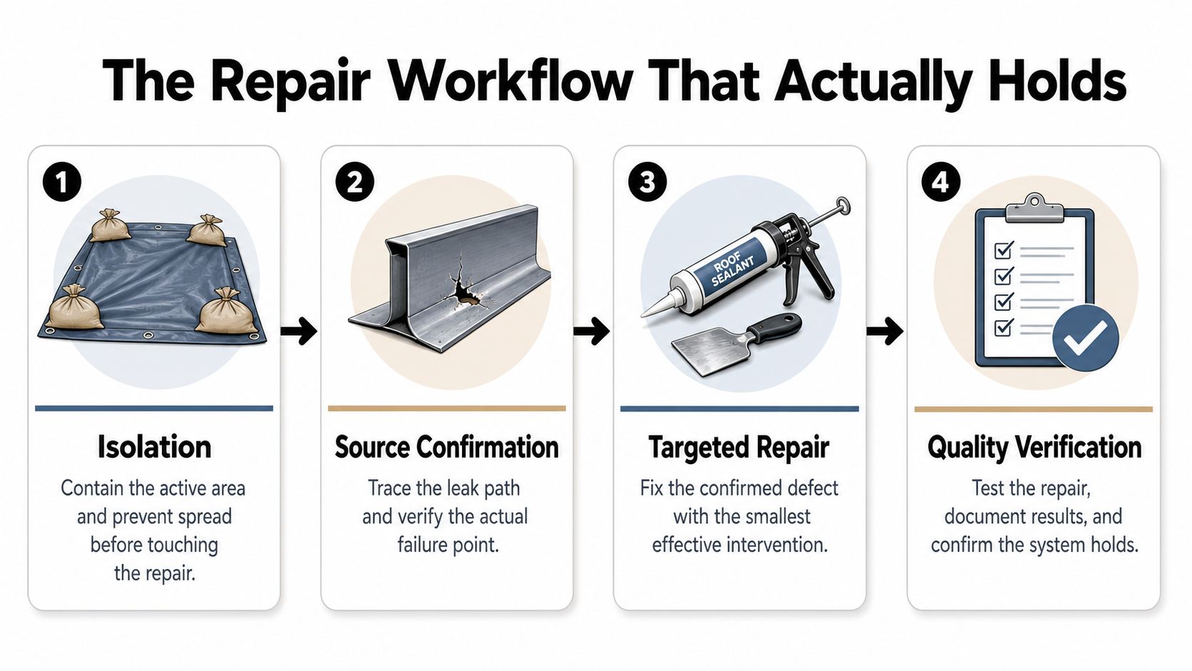 An infographic showing the four steps of a repair workflow for fixing a roof leak.