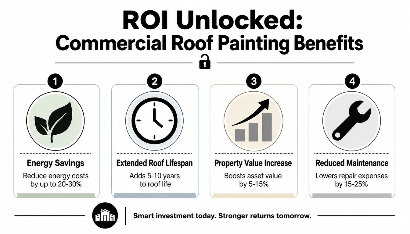 An infographic highlighting the four primary financial benefits of commercial roof painting services for business property owners.