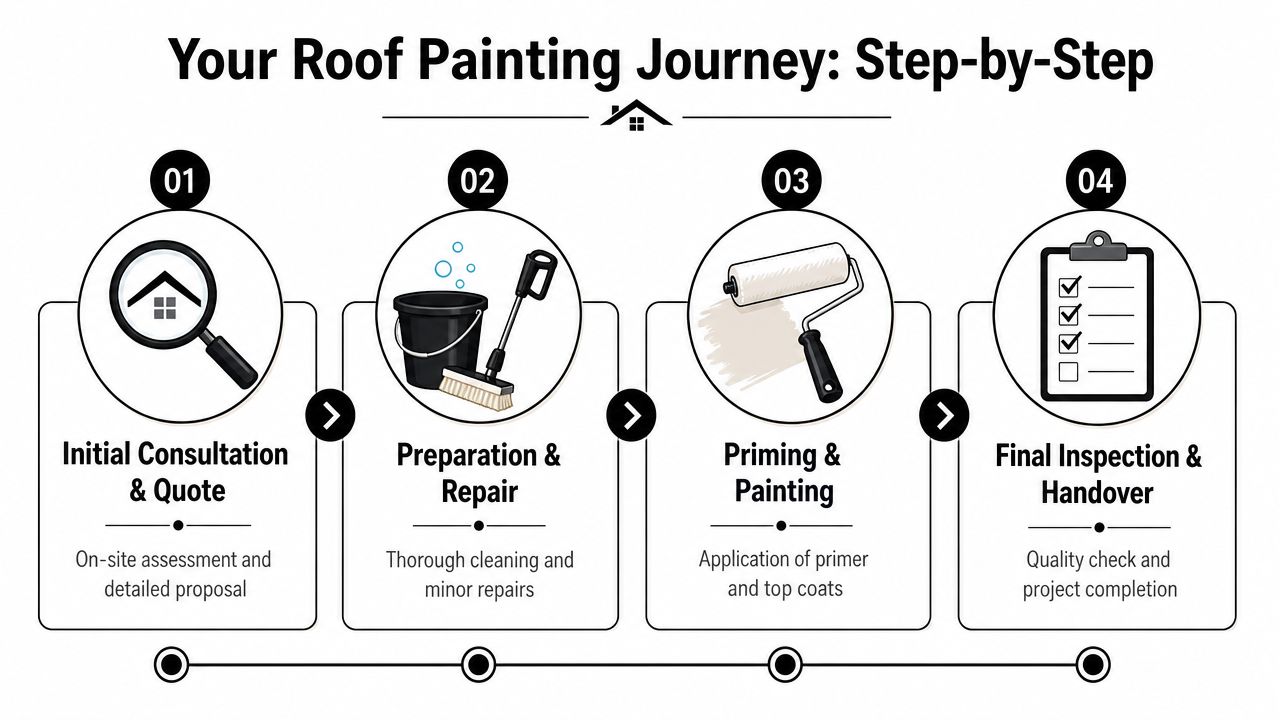 A four-step infographic illustrating the professional process for residential roof painting services.