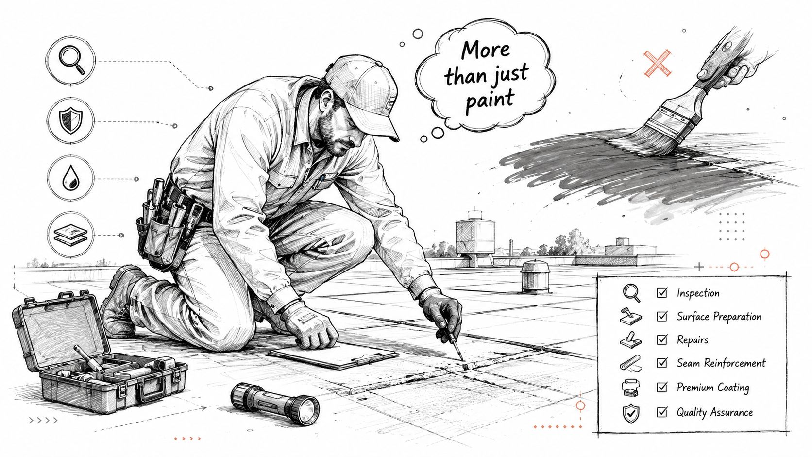 A professional roofer inspects a flat roof, illustrating the comprehensive steps of professional roof maintenance and coating services.
