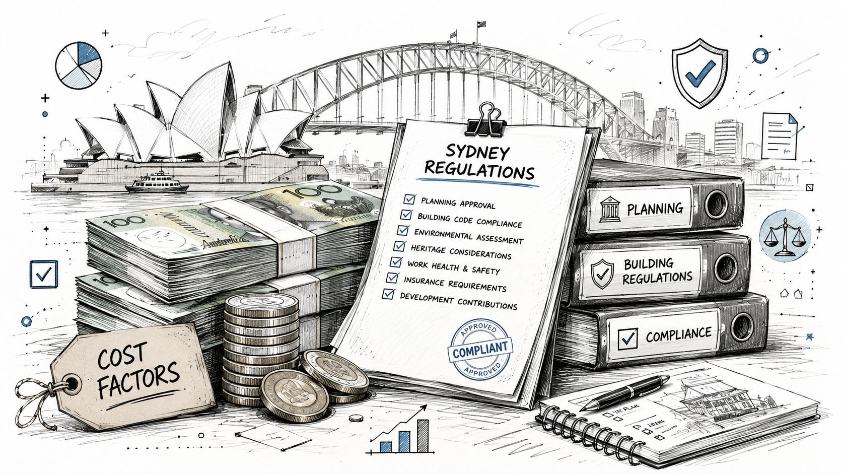 A conceptual illustration showing Australian money, stacks of folders, and compliance documents for construction in Sydney.