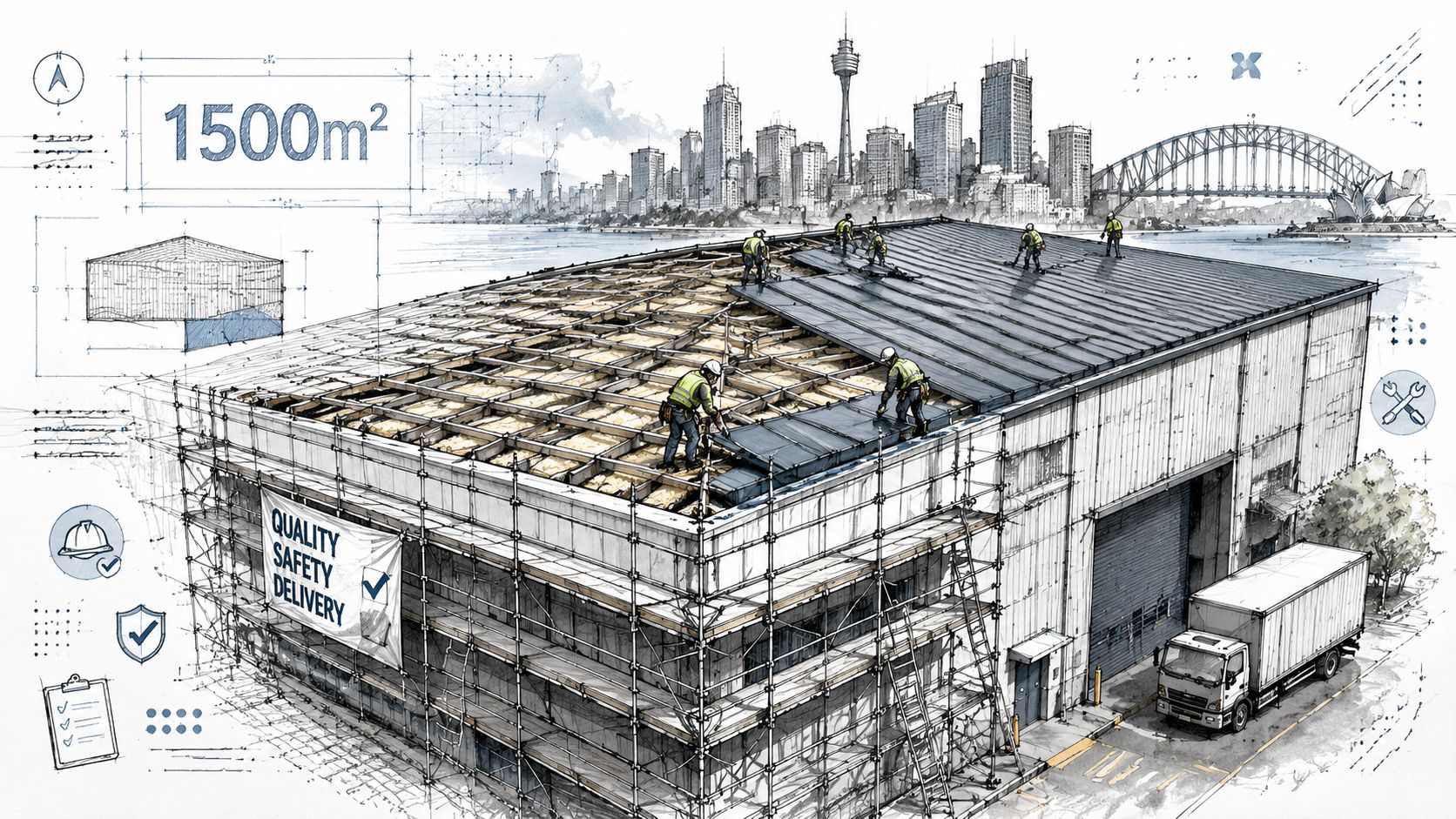 Construction workers performing roof replacement on a large warehouse building in Sydney with city skyline background.