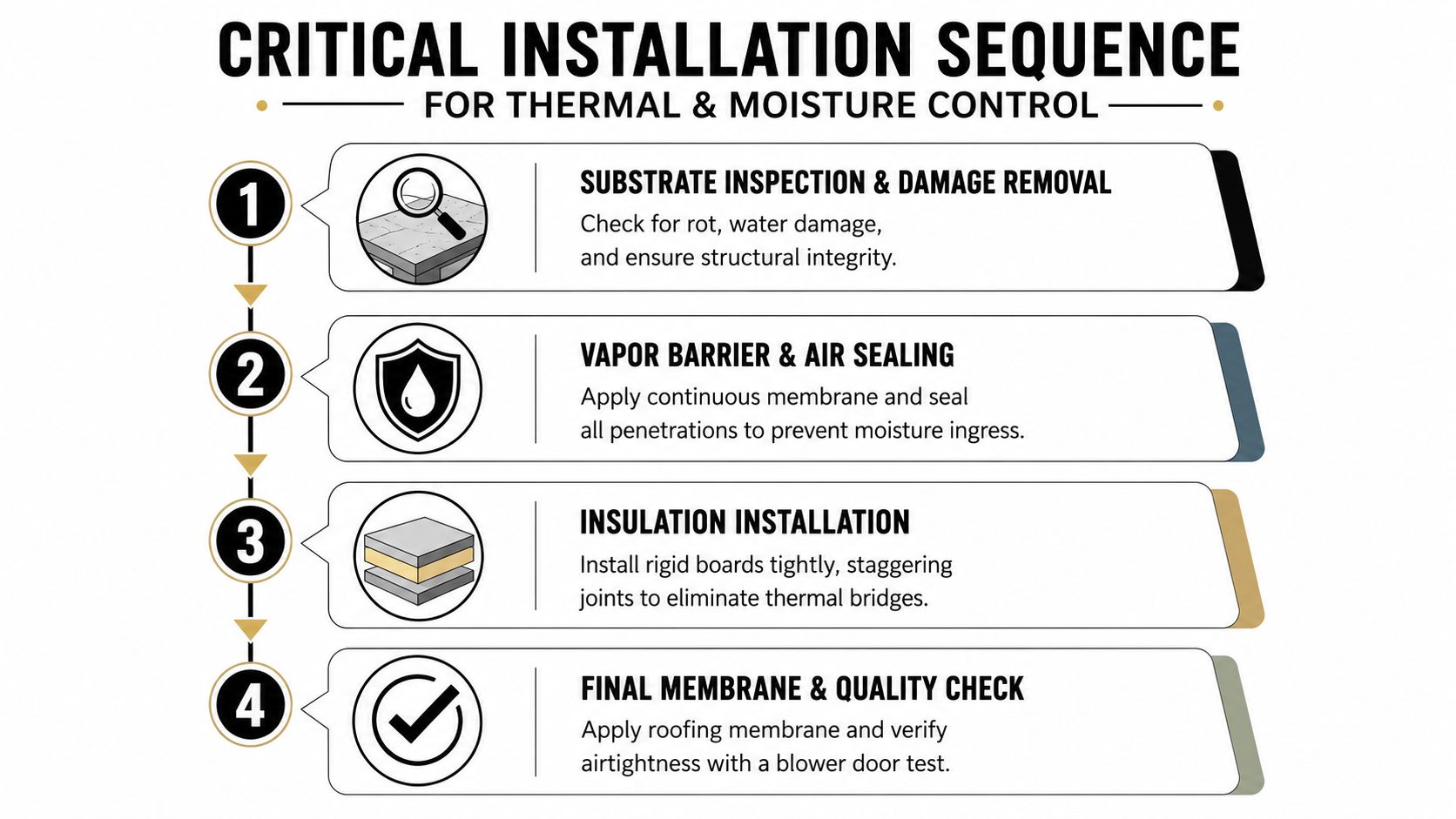 An infographic detailing the critical four-step installation sequence for thermal and moisture control in roofing.
