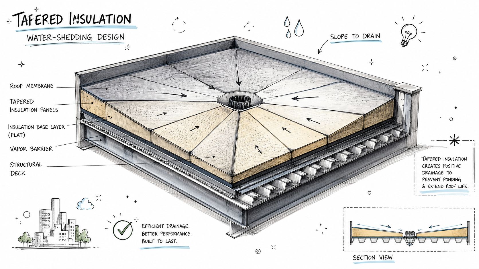 A 3D diagram illustrating tapered insulation design on a roof to ensure effective water drainage.