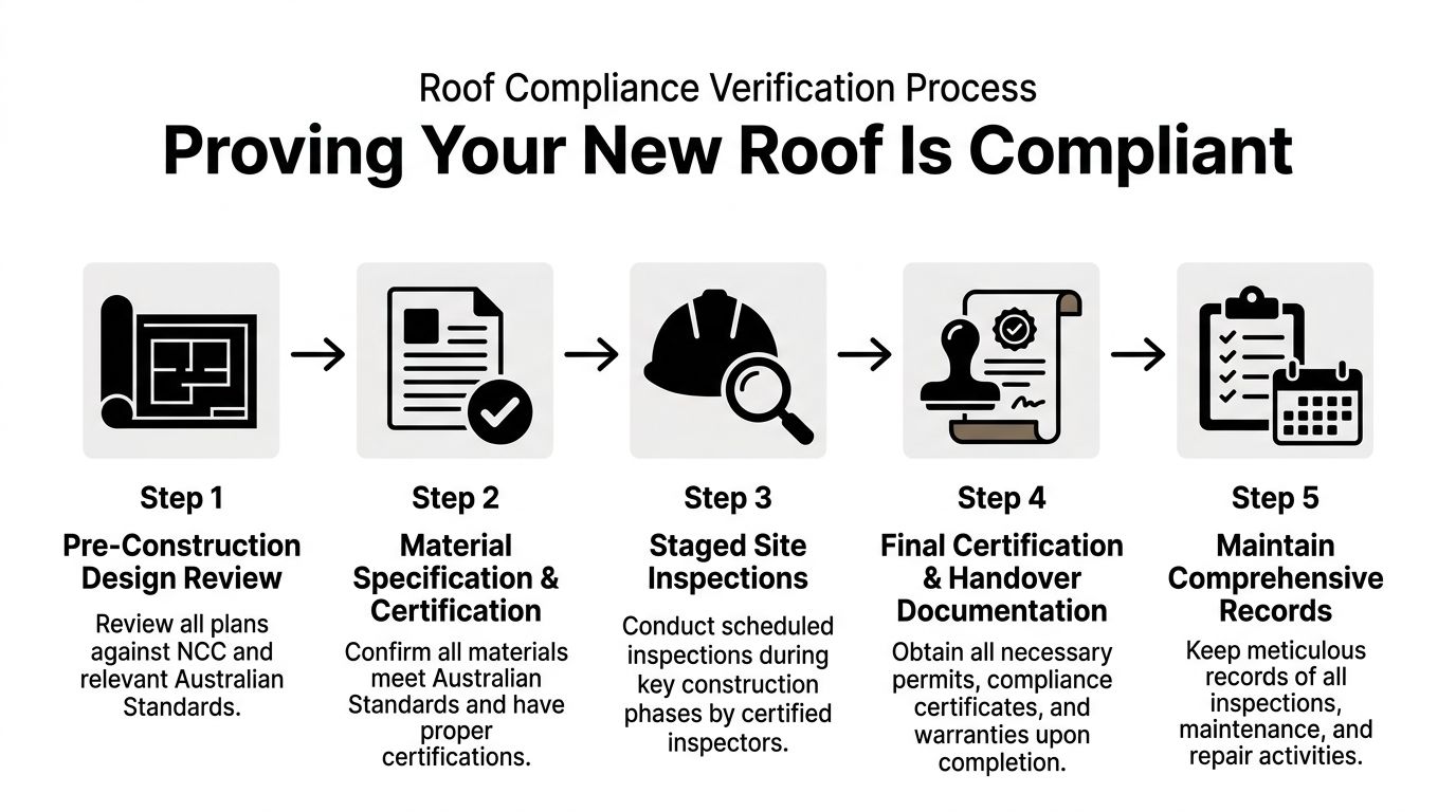 A five-step infographic showing the process for verifying new roof compliance with Australian building standards.
