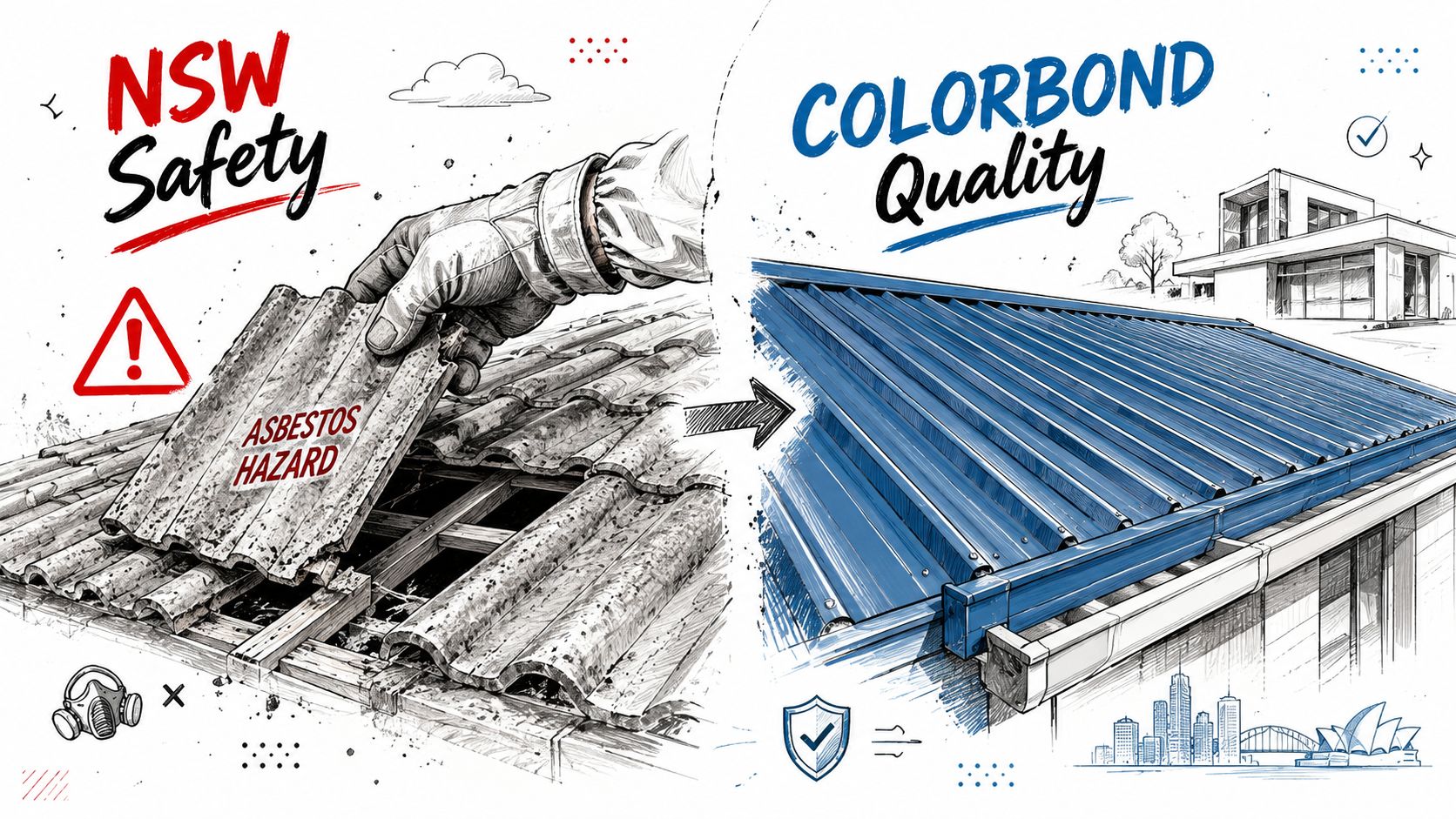 A comparison showing an unsafe old asbestos roof being removed and a modern high-quality Colorbond metal roof installation.