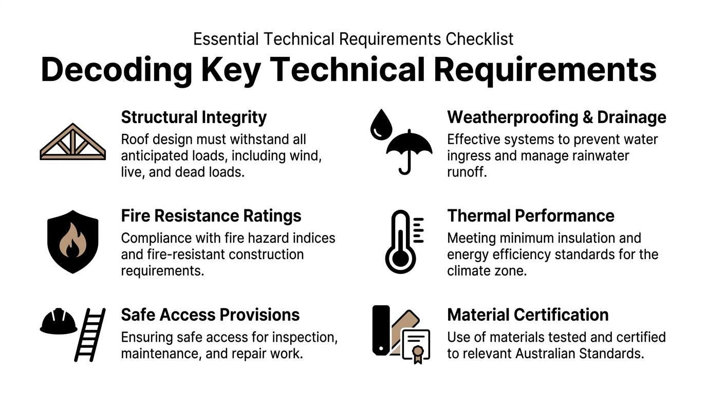 A technical checklist detailing essential requirements for roofing construction and compliance with Australian building standards.