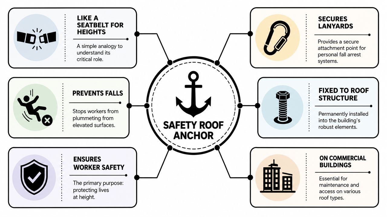 A diagram illustrating the key benefits and functions of a safety roof anchor for fall protection.