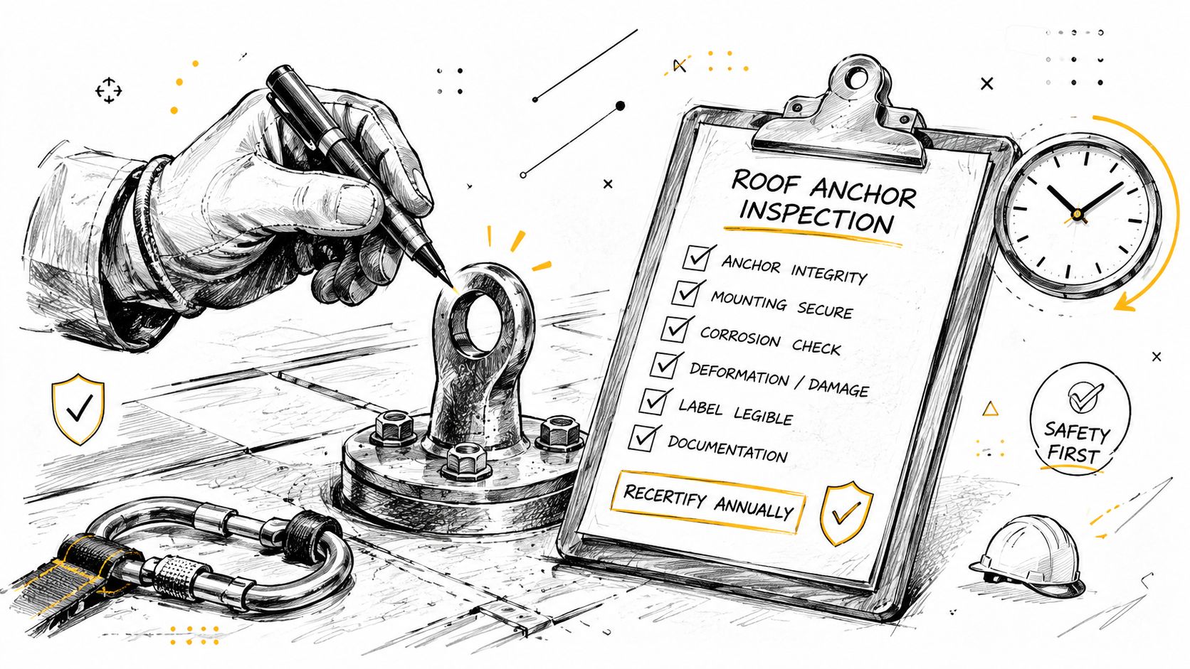 A hand filling out a roof anchor inspection checklist on a clipboard near a metal roof anchor.