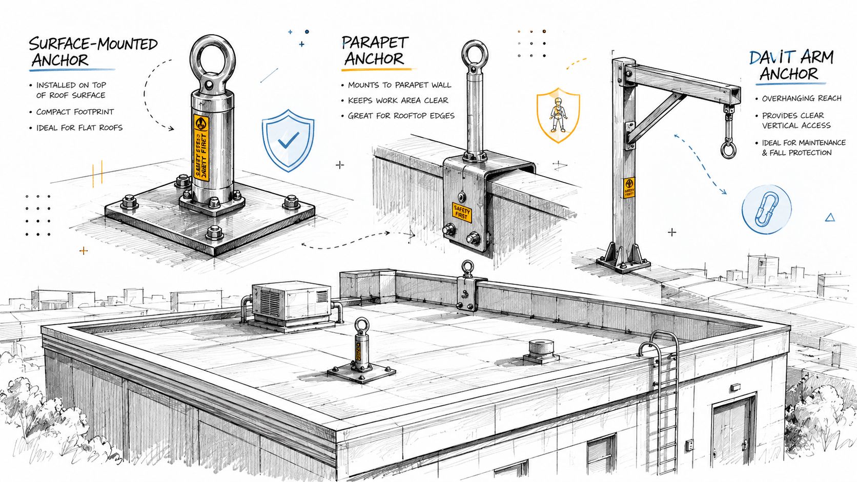 A diagram illustrating three types of rooftop safety anchors installed on a building roof for fall protection.