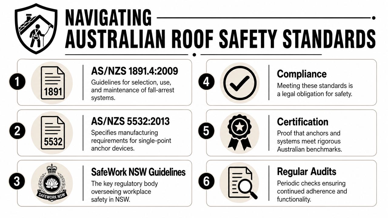An infographic detailing Australian roof safety standards, regulations, compliance requirements, and audit procedures for work safety.