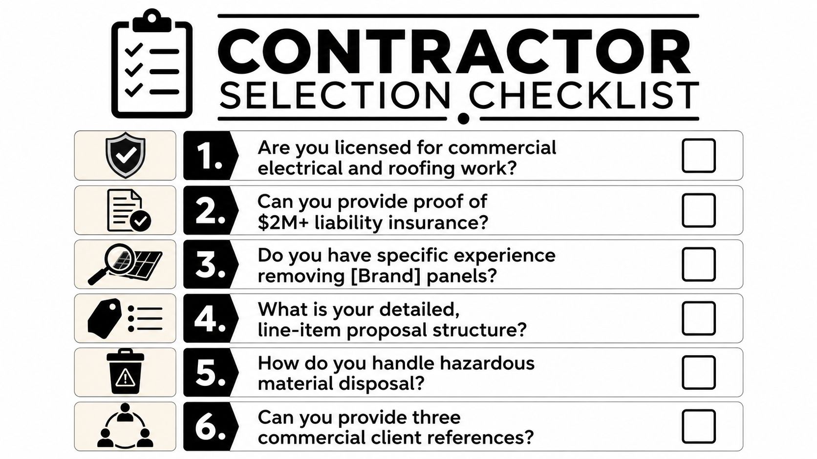 A professional checklist for selecting a contractor for commercial solar panel removal and electrical work projects.