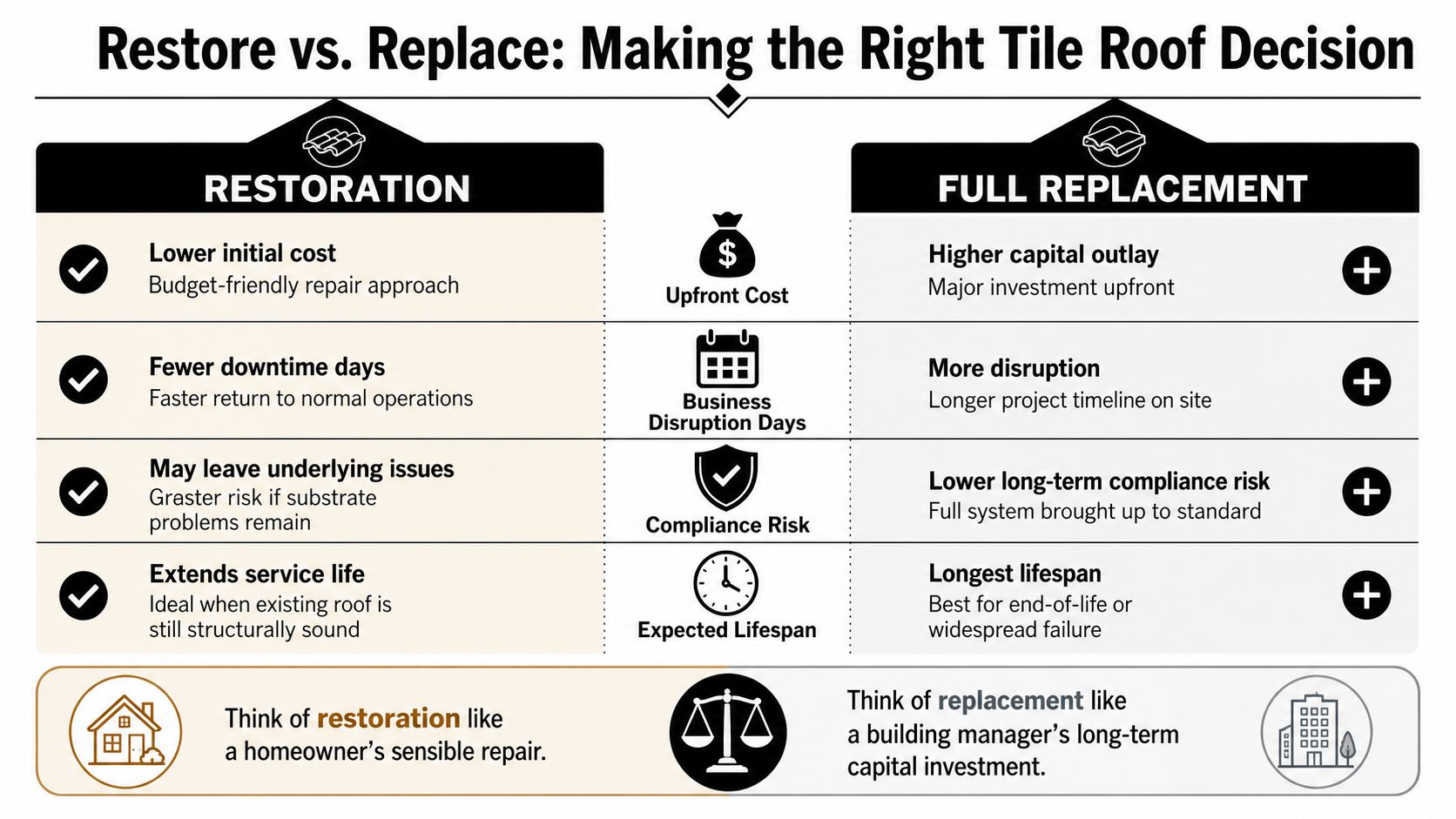 A comparison chart outlining the pros and cons of tile roof restoration versus a full roof replacement.