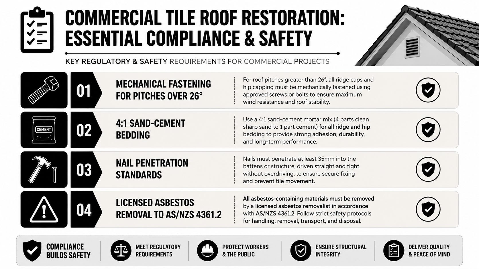An infographic detailing essential compliance and safety requirements for commercial tile roof restoration projects.