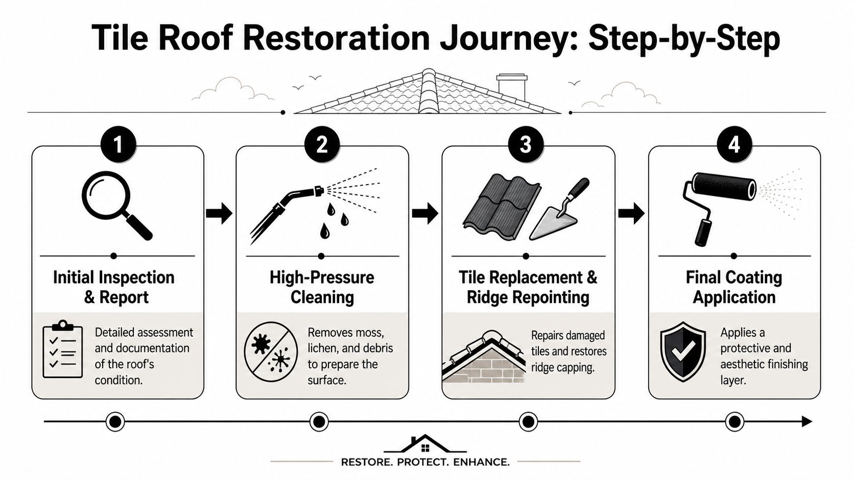 A step-by-step infographic showing the four stages of a professional tile roof restoration process.