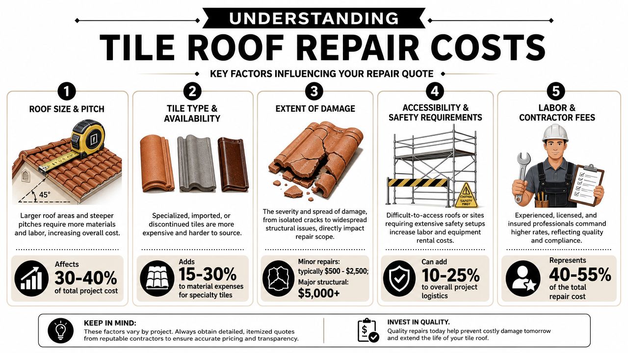 An infographic titled Understanding Tile Roof Repair Costs outlining five key factors impacting your repair quote.