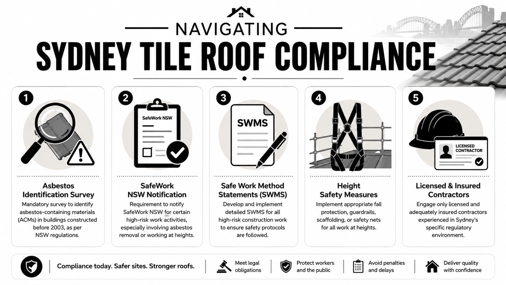An infographic outlining the five essential compliance steps for safe tile roof repairs in Sydney, Australia.
