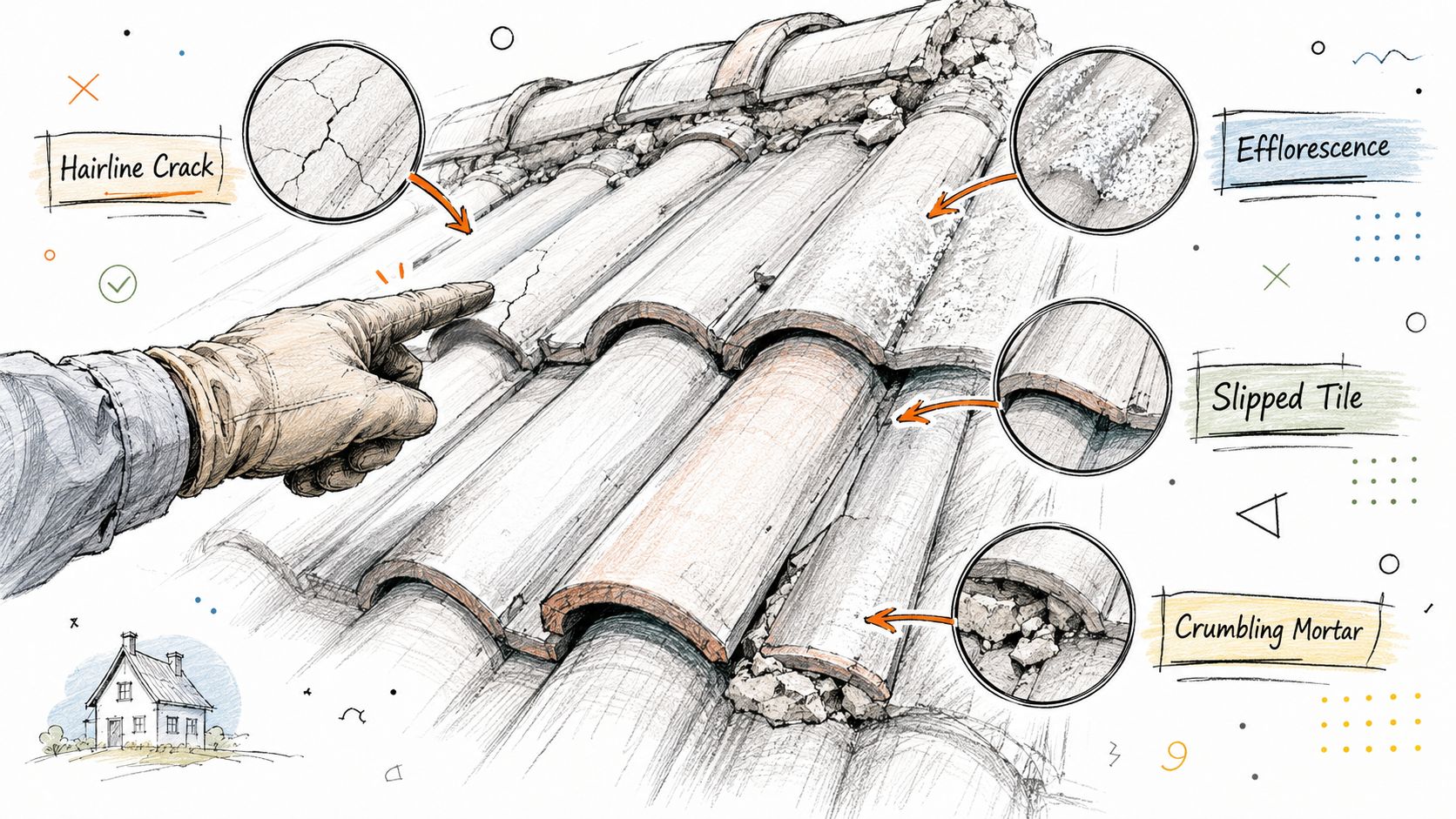 A hand points to common roof tile damage including cracks, efflorescence, slipped tiles, and crumbling mortar.