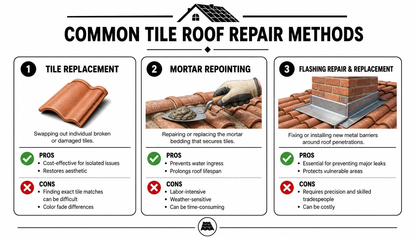 An infographic detailing common tile roof repair methods including tile replacement, mortar repointing, and flashing repair.