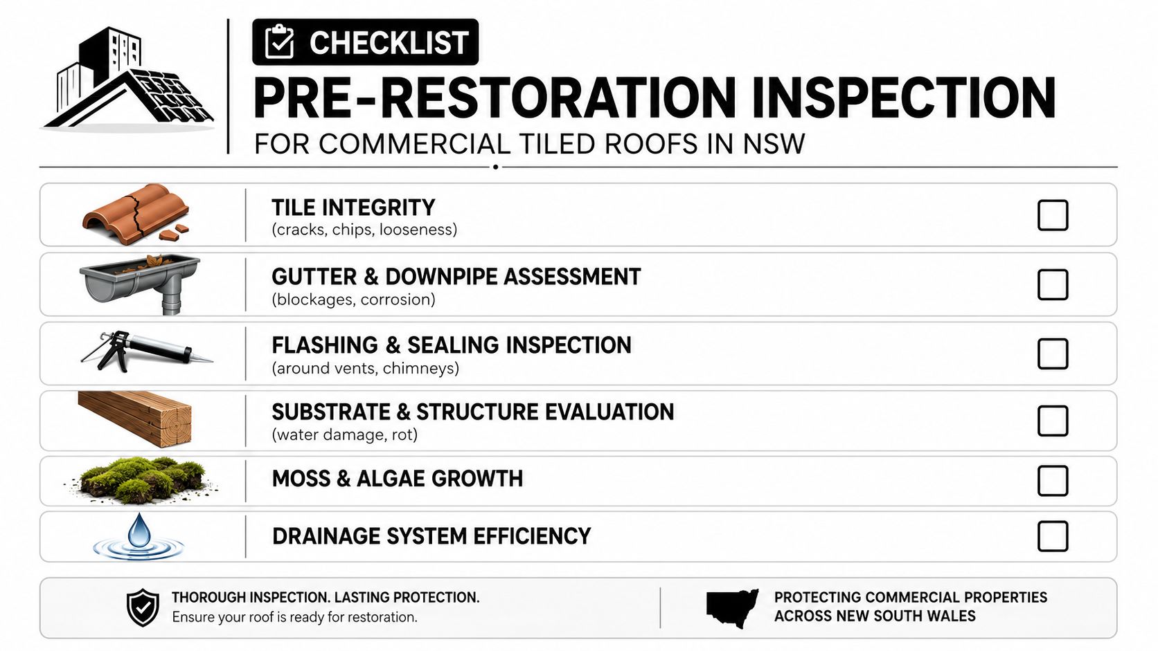 A pre-restoration inspection checklist for commercial tiled roofs, highlighting six essential assessment categories for property maintenance.