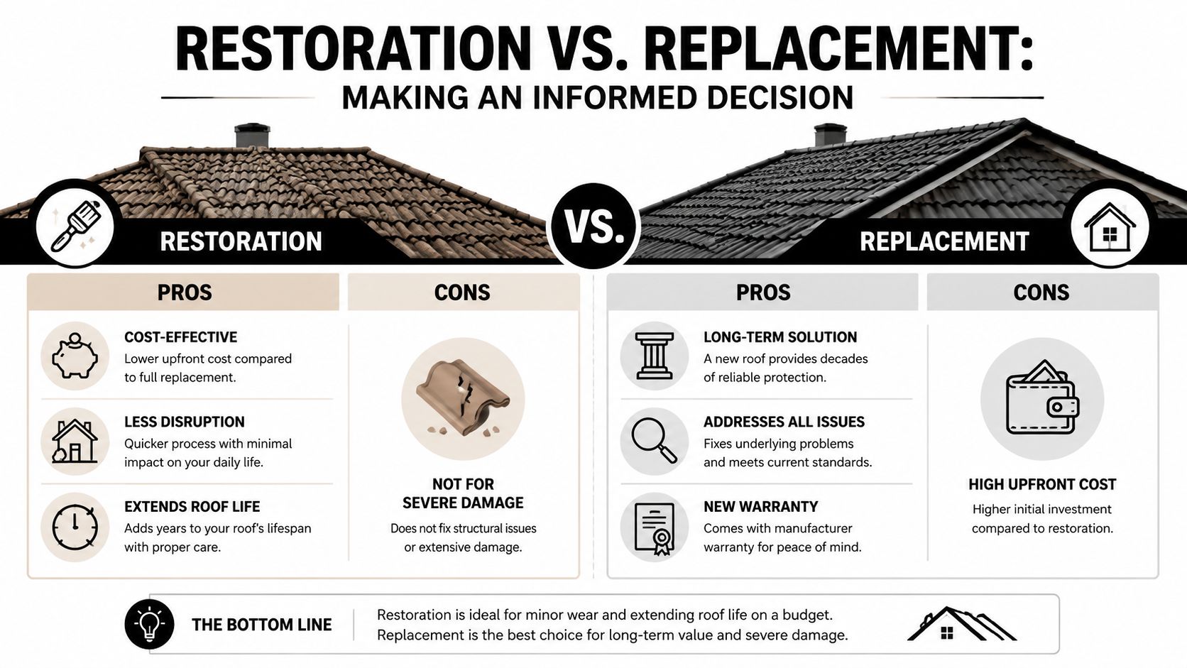 A comparison chart highlighting the pros and cons of roof restoration versus complete roof replacement for homeowners.