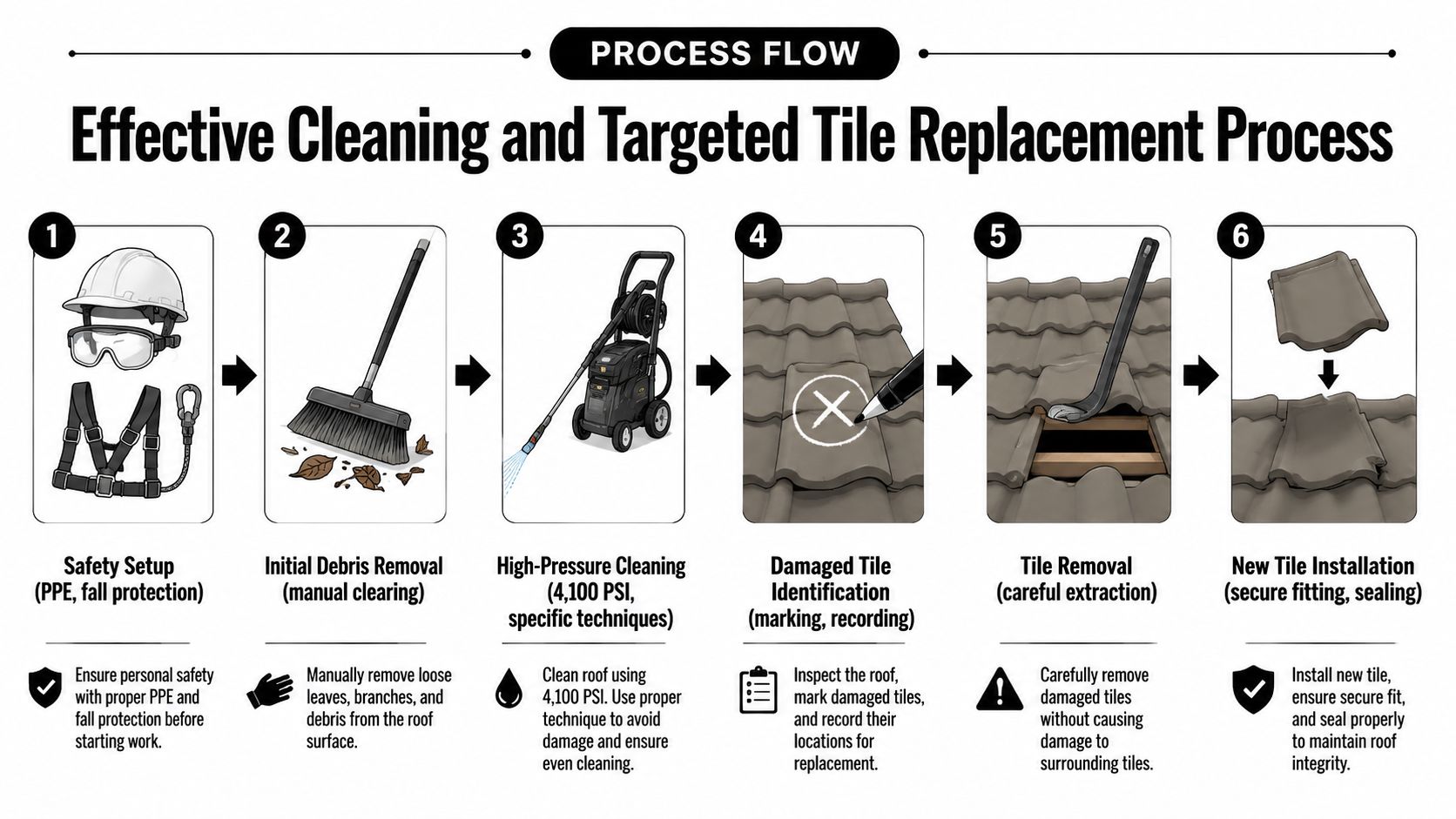 A six-step infographic detailing the professional process of roof cleaning and repairing damaged roof tiles.