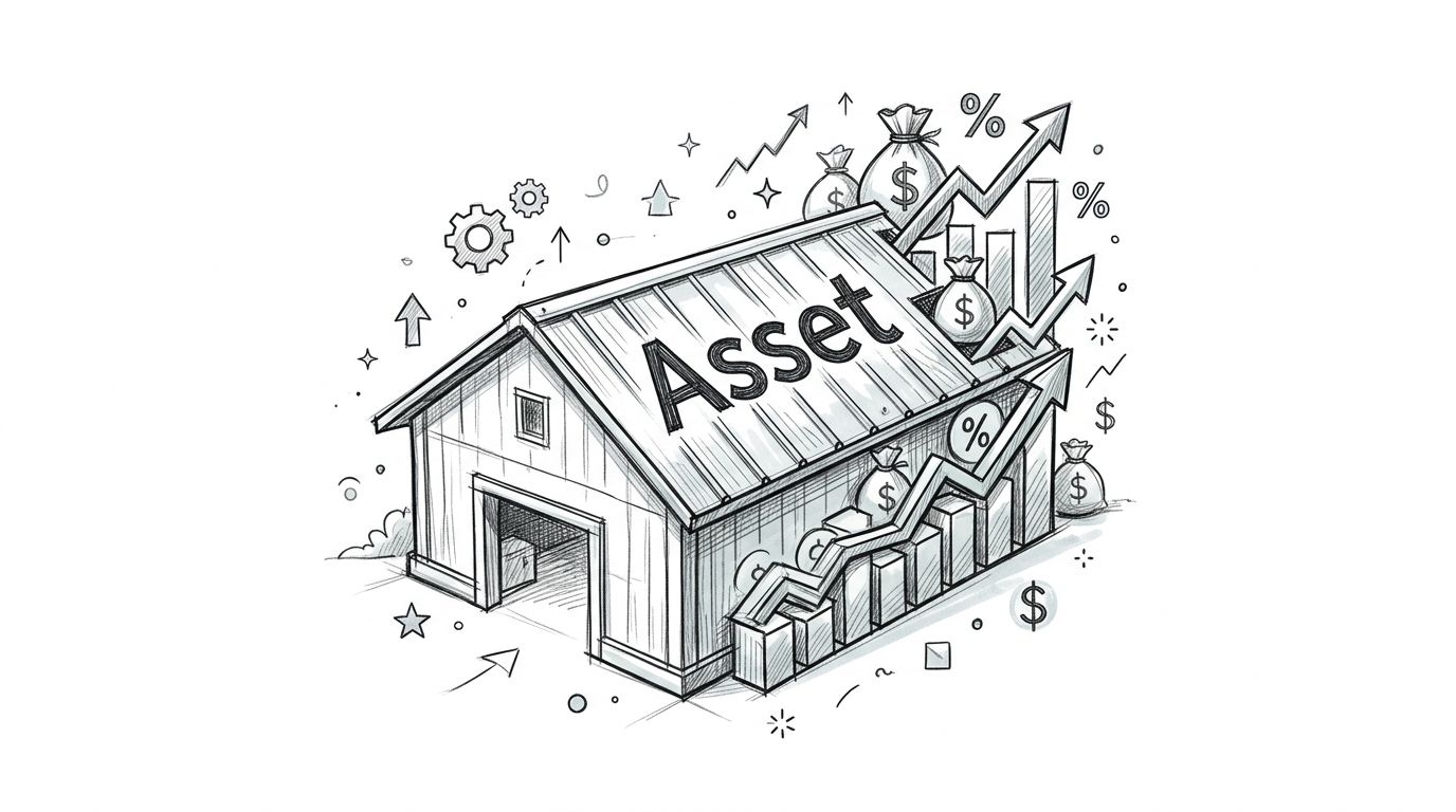 A hand-drawn sketch of a warehouse labeled Asset with rising financial growth charts and money bags.