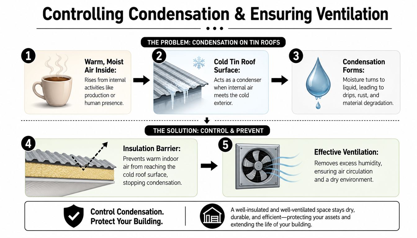 A diagram illustrating the causes of condensation on tin roofs and solutions like insulation and effective ventilation.